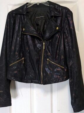 Rock & Republic Black Gold Shimmer Faux Leather Cropped Moto Jacket Size Large L